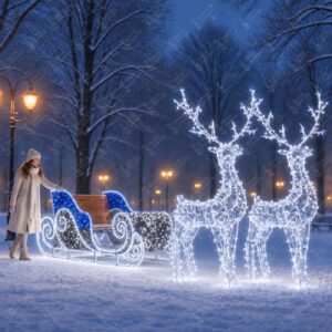 Уличная фотозона из двух световых оленей и саней с подсветкой
