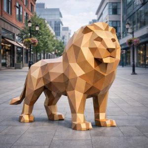 Полигональная скульптура льва из металла – символ силы и величия