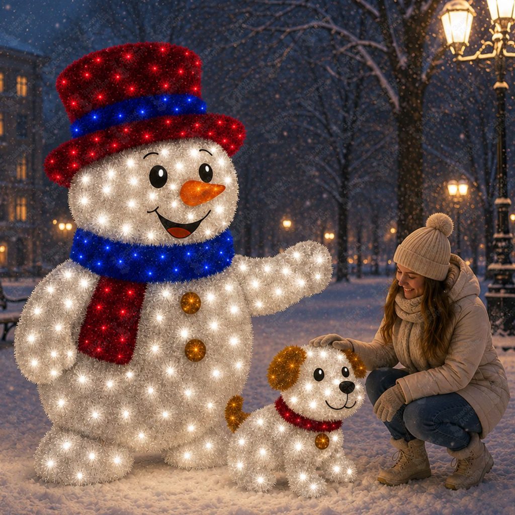 Снеговик со щенком светодиодная фигура из мишуры