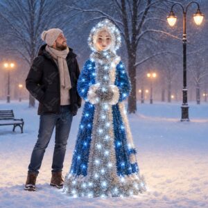 Уличная светящаяся Снегурочка в синей мишуре с подсветкой