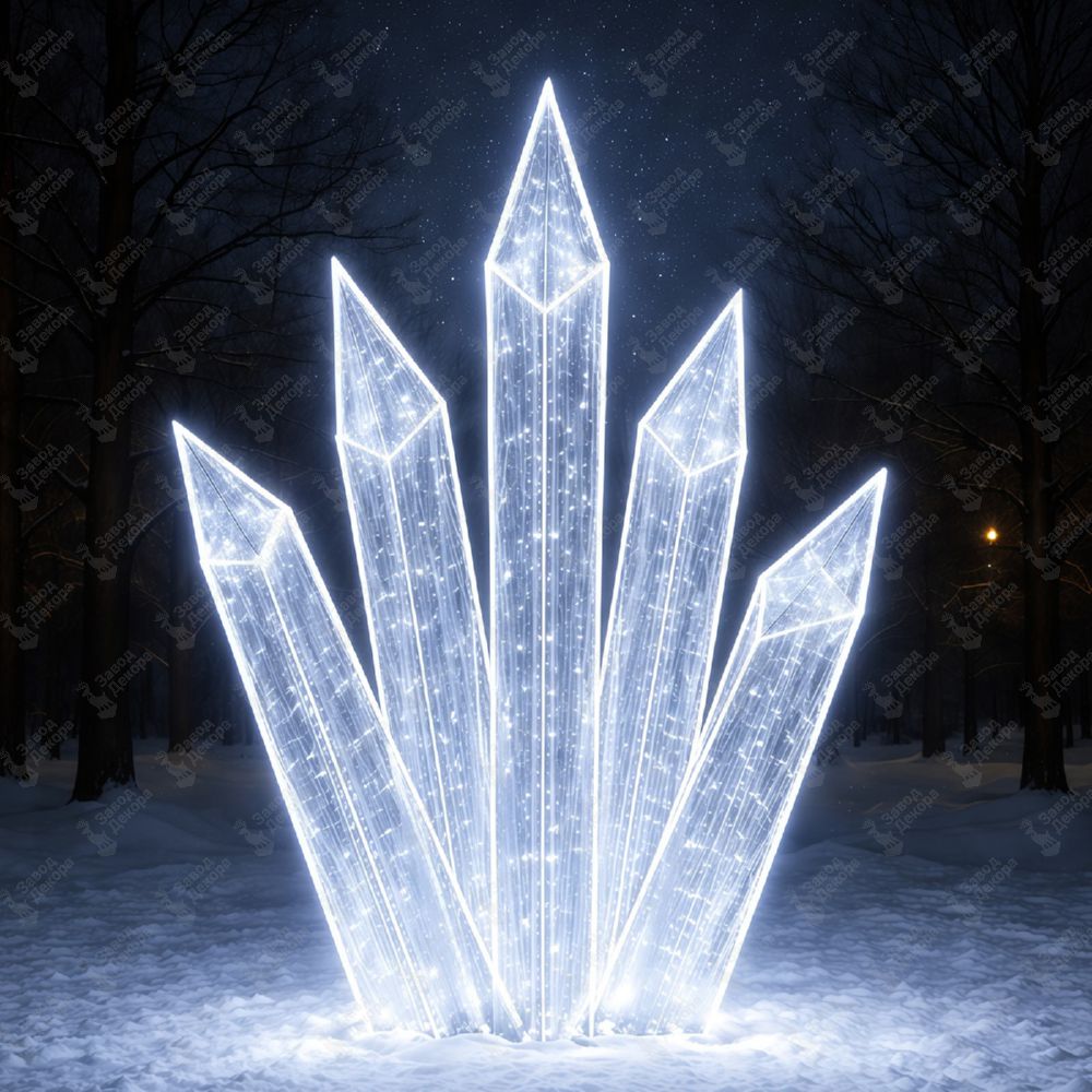 Световые кристаллы с холодным белым LED светом в зимнем парке